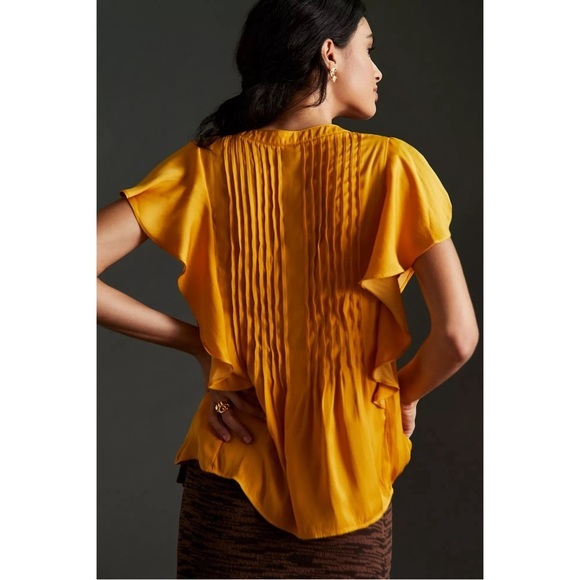 ANTHROPOLOGIE Pleated Ruffled Pintucked Blouse Silky V-neck Top Mango Size M NWT - Picture 6 of 8
